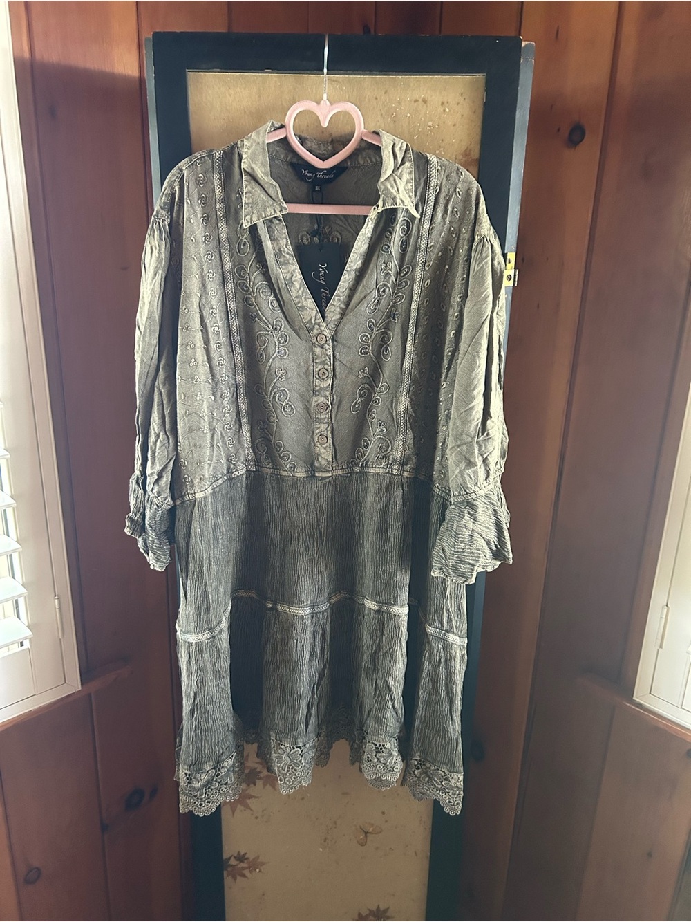 Boho Lace-Trim Mini Dress in Olive Green